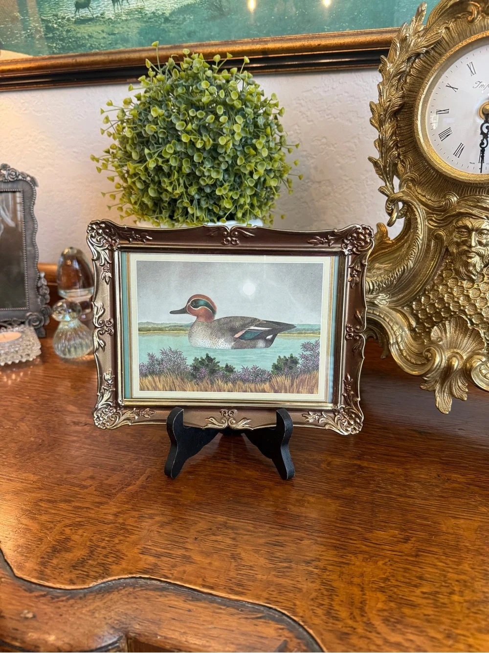 Vintage Ornate Gold Framed Duck Print by English A.F. Lydon with Wood Easel